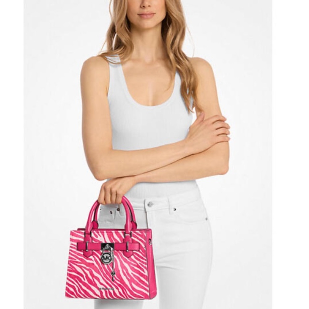 Michael Kors NWT Hamilton Small PINK Zebra Print Calf Hair Satchel $558 retail - Picture 1 of 7